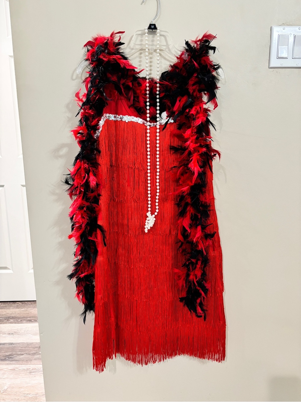 Red Fringe Flapper Dress Costumes with Feather Boa and Accessories for Halloween
